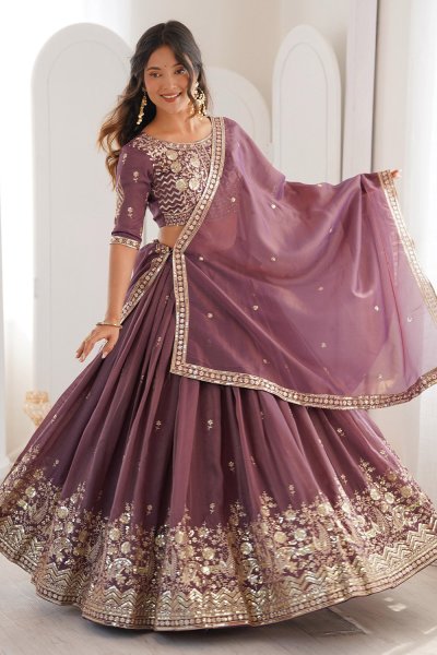 Plum Silk Embroidered Lehenga Set