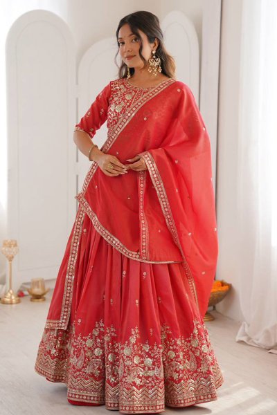 Coral Red Silk Embroidered Lehenga Set