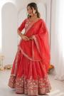 Coral Red Silk Embroidered Lehenga Set