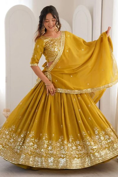 Mustard Yellow Silk Embroidered Lehenga Set