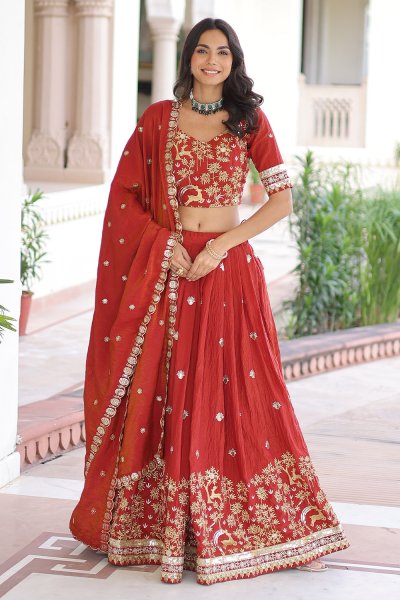 Burnt Red Silk Embroidered Lehenga Set