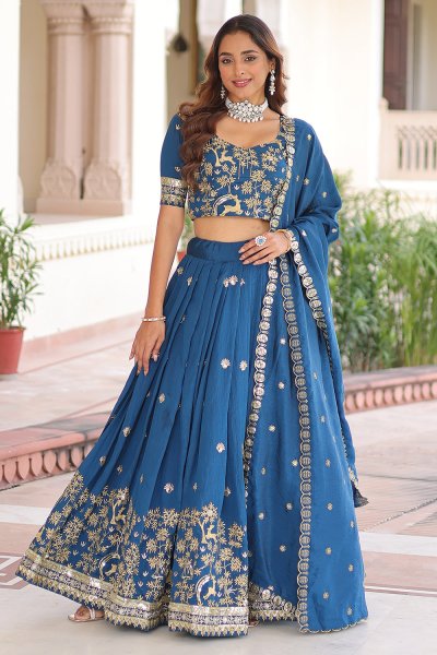 Dusty Blue Silk Embroidered Lehenga Set