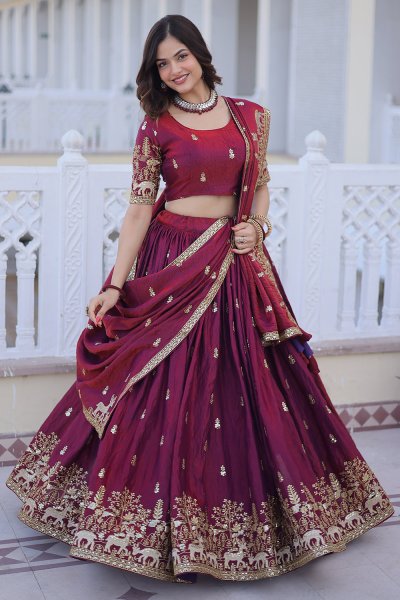 Plum Maroon Dual Tone Silk Embroidered Lehenga Set