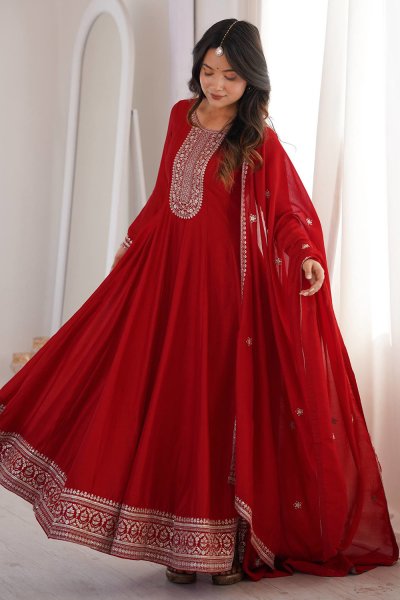 Deep Red Embroidered Silk Anarkali Dress With Dupatta