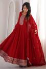 Deep Red Embroidered Silk Anarkali Dress With Dupatta