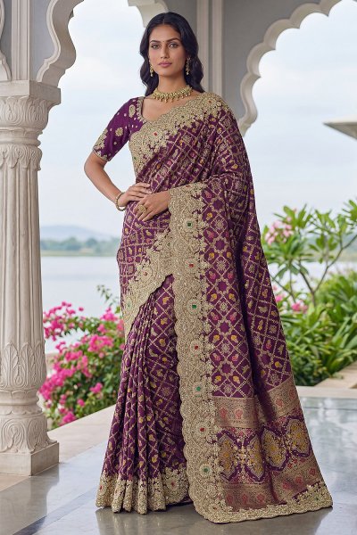 Plum Banarasi Silk Embroidered & Laced Saree