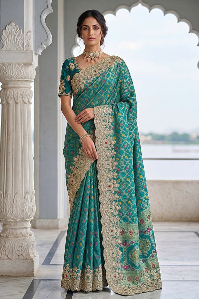 Teal Blue Banarasi Silk Embroidered & Laced Saree