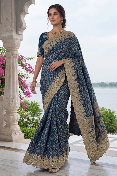 Navy Blue Banarasi Silk Embroidered & Laced Saree