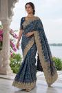 Navy Blue Banarasi Silk Embroidered & Laced Saree
