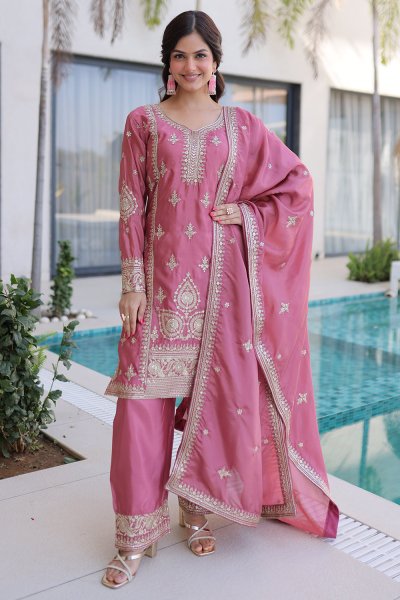 Soft Rose Pink Silk Embroidered Kurta Set