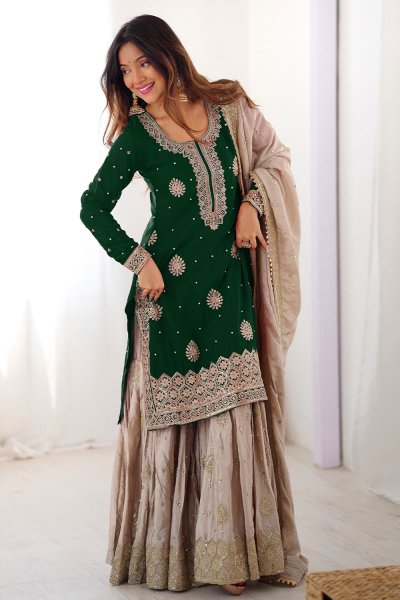 Dark Green & Beige Chinon Silk Embroidered Sharara Set