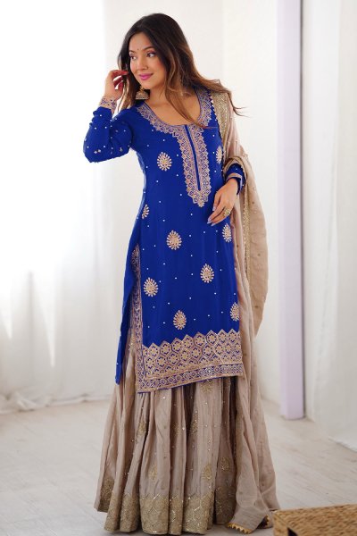Royal Blue & Beige Chinon Silk Embroidered Sharara Set