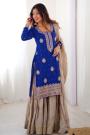 Royal Blue & Beige Chinon Silk Embroidered Sharara Set
