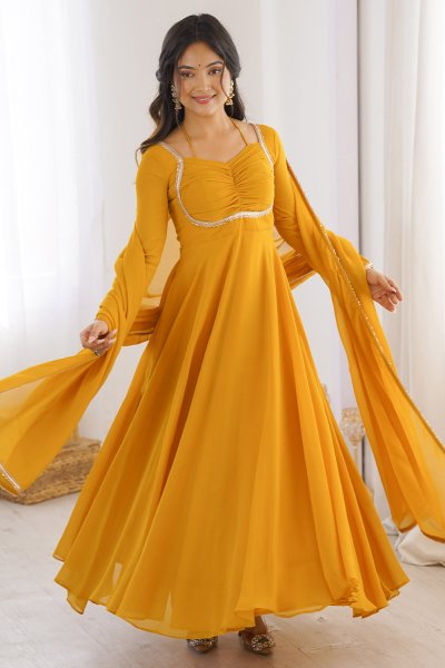 Mustard Yellow Georgette Laced Anarkali Dress With Dupatta