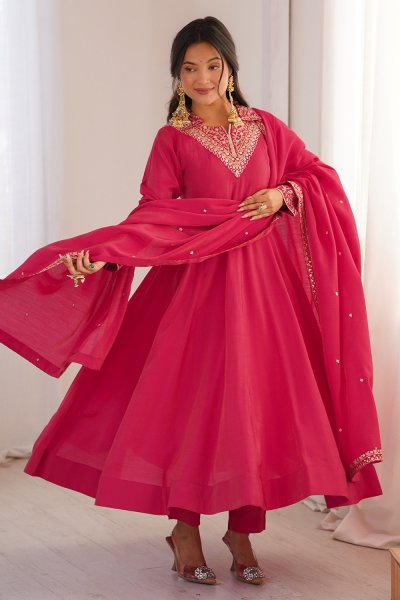 Magenta Pink Silk Embroidered Anarkali Set