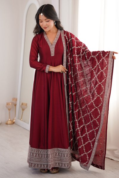 Maroon Silk Embroidered Anarkali Dress With Dupatta