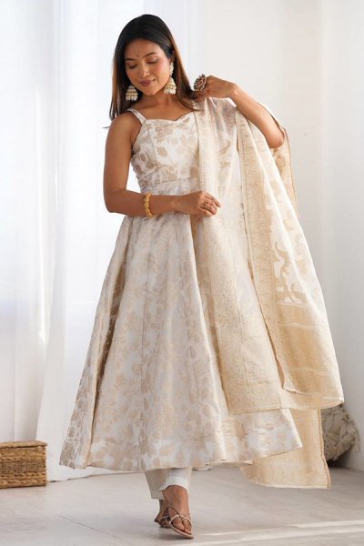 Ivory Banarasi Silk Zari Woven Anarkali Set