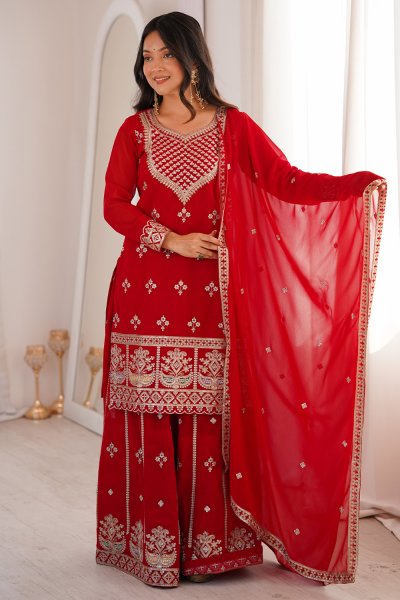 Deep Red Georgette Embroidered Sharara Kurta Set