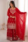Deep Red Georgette Embroidered Sharara Kurta Set