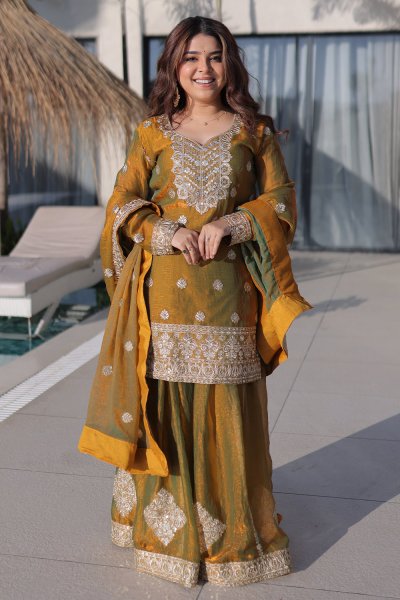 Two Tone Mustard Green Chiffon Embroidered Sharara Kurta Set