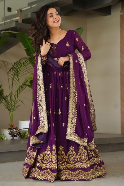 Purple Embroidered Georgette Anarkali Dress with Dupatta