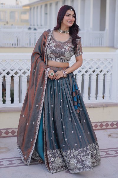 Two Tone Grey Copper Silk Embroidered Lehenga Set