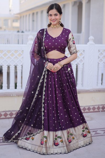 Plum Silk Woven & Embroidered Lehenga Set