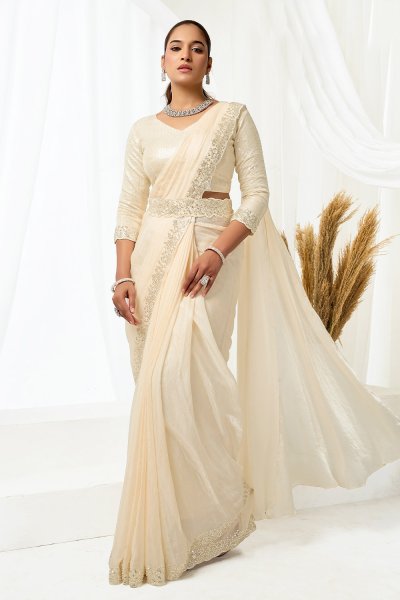 Pre-Draped Ivory Satin Silk Embroidered Saree With Jacket & Belt