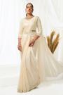 Pre-Draped Ivory Satin Silk Embroidered Saree With Jacket & Belt