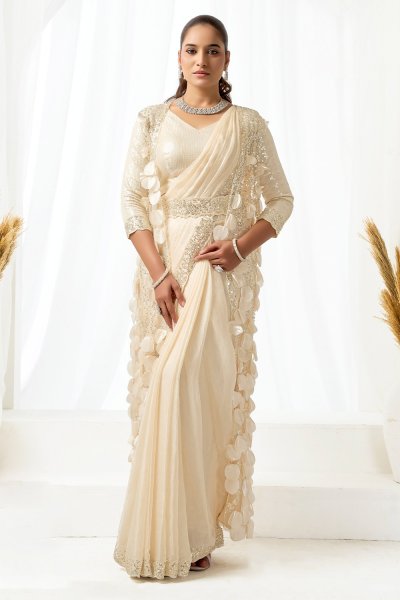 Pre-Draped Ivory Satin Silk Embroidered Saree With Jacket & Belt Pre-Draped Ivory Satin Silk Embroidered Saree With Jacket & Belt