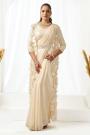Pre-Draped Ivory Satin Silk Embroidered Saree With Jacket & Belt