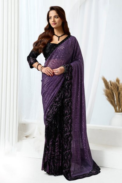 Plum Net Embroidered Saree