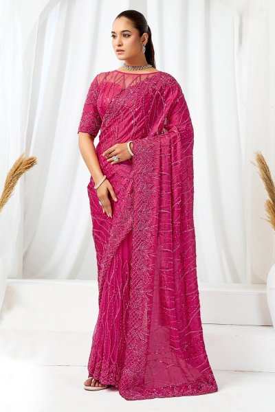 Magenta Pink Net & Satin Embroidered Saree