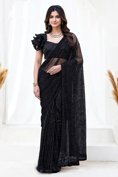 Pre-Draped Black Tulle Net Hand Embroidered Saree