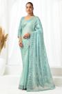 Aqua Blue Organza Satin Embroidered Saree