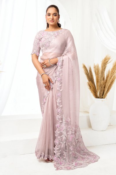 Lilac Organza Satin Embroidered Saree