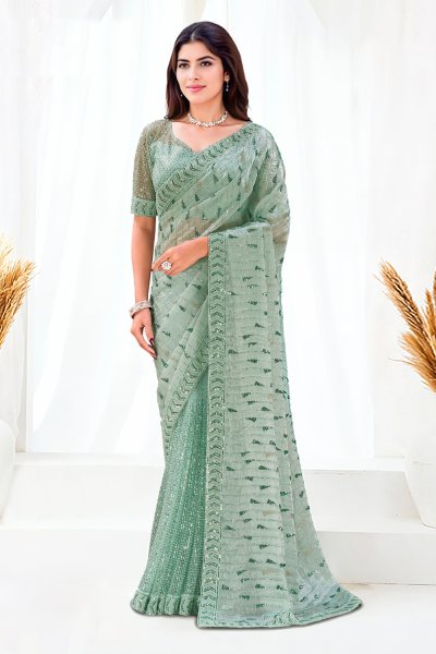 Mint Net Embroidered Saree