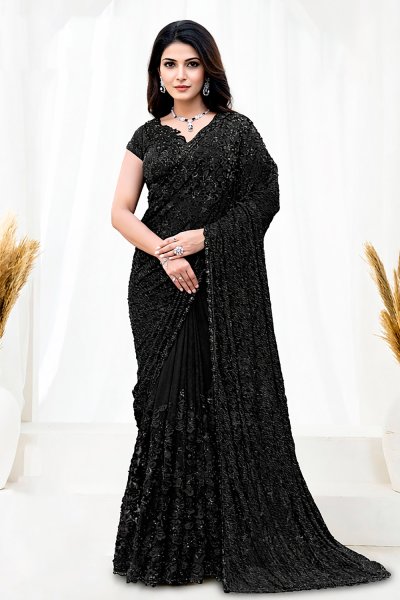 Black Tulle Net Embroidered Saree