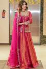 Two Tone Pink & Orange Tissue Silk Embroidered Long Kurti Lehenga Set