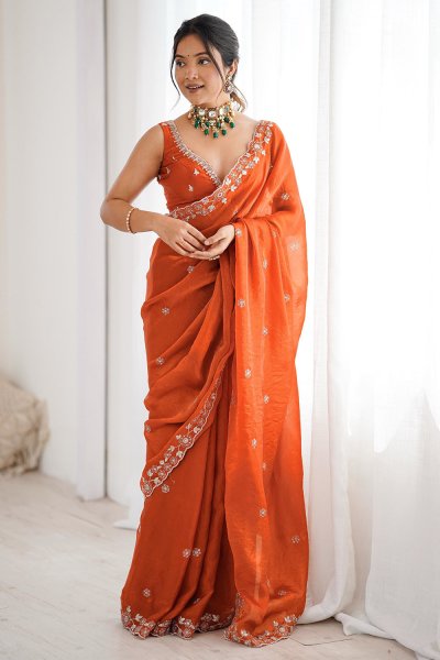 Burnt Orange Tissue Silk Embroidered Saree