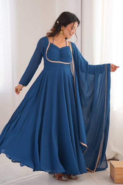 Navy Blue Georgette Laced Anarkali Dress With Dupatta