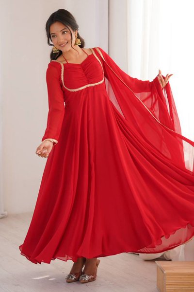 Red Georgette Laced Anarkali Dress With Dupatta