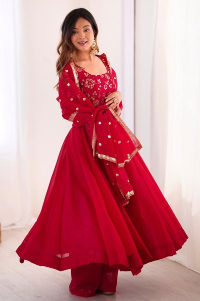 Deep Red Silk Embroidered Anarkali Set