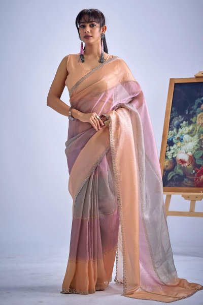 Peach & Lilac Silk Hand Worked Saree