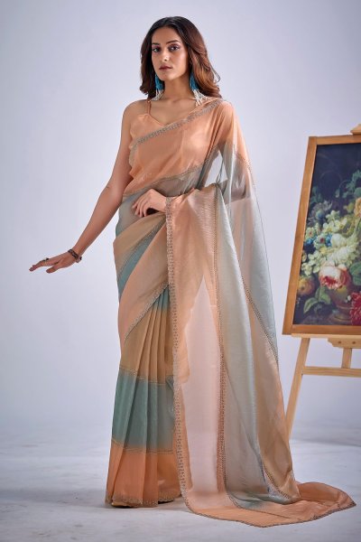 Peach & Grey Blue Silk Hand Worked Saree