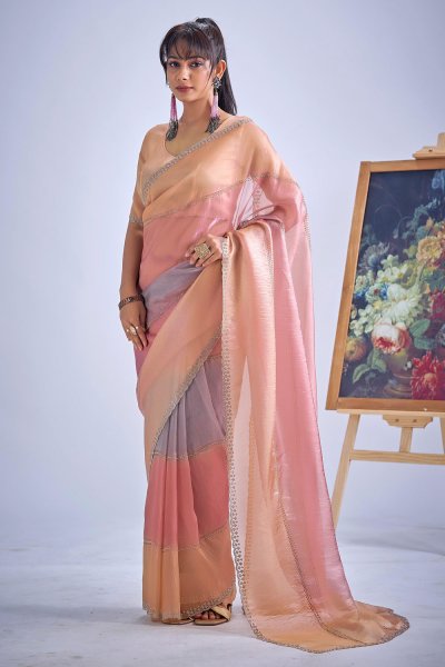 Peach, Blush Pink & Lilac Silk Hand Worked Saree