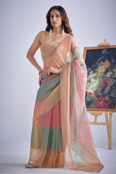 Peach, Blush Pink & Blue Silk Hand Worked Saree