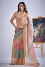 Peach, Blush Pink & Blue Silk Hand Worked Saree