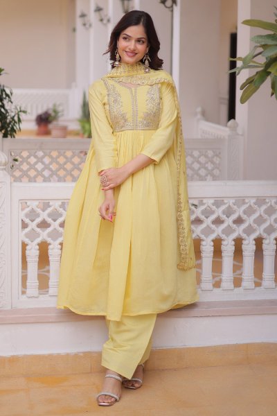Lemon Yellow Chanderi Cotton Silk Embroidered Anarkali Set