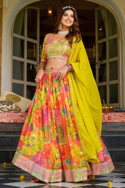 Yellow & Multicolor Printed & Embroidered Organza Silk Lehenga Set